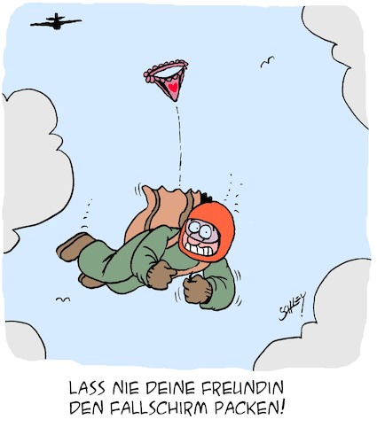 Cartoon: Fallschirm-Unfall (medium) by Karsten Schley tagged sport,fallschirmspringen,unfälle,männer,frauen,hobbies,gesundheit,beziehungen,liebe,sport,fallschirmspringen,unfälle,männer,frauen,hobbies,gesundheit,beziehungen,liebe