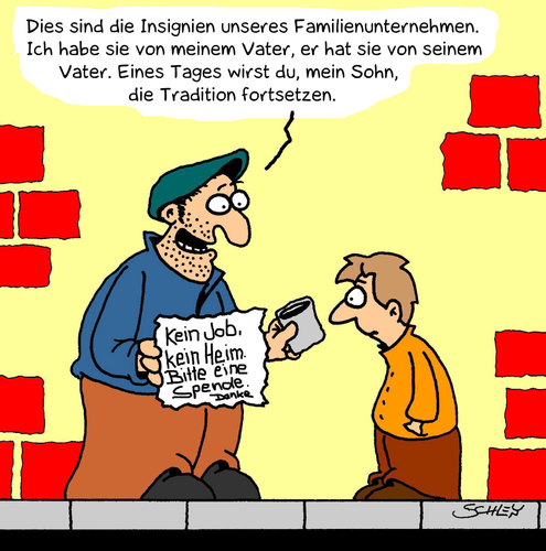 Cartoon: Familienunternehmen (medium) by Karsten Schley tagged wirtschaft,geld,gesellschaft,tradition,wirtschaft,gesellschaft,tradition,geld,armut,arm,job,arbeit,beruf,arbeitslosigkeit,familienunternehmen,familie,firma,unternehmen,arbeitslose,spende