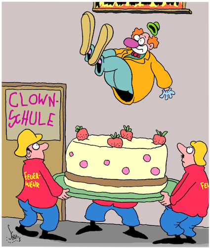 Cartoon: Feuer! (medium) by Karsten Schley tagged feuerwehr,clowns,jobs,schule,bildung,ausbildung,feuer,rettung,feuerwehr,clowns,jobs,schule,bildung,ausbildung,feuer,rettung