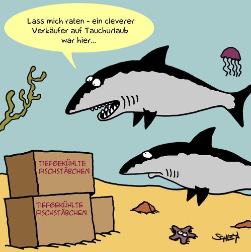 Cartoon: Fisch (medium) by Karsten Schley tagged natur,tiere,ozeane,meer,haie,verkaufen,verkäufer,wirtschaft,umsatz,ernährung,urlaub,tauchen,natur,tiere,ozeane,meer,haie,verkäufer,wirtschaft,ernährung