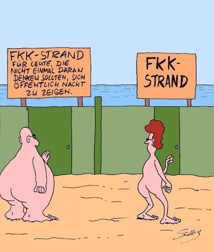 Cartoon: FKK (medium) by Karsten Schley tagged strand,fkk,urlaub,ferien,reisen,übergewicht,fettleibigkeit,ernährung,aussehen,strand,fkk,urlaub,ferien,reisen,übergewicht,fettleibigkeit,ernährung,aussehen