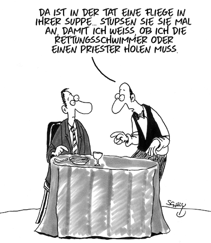 Cartoon: Fliege in der Suppe (medium) by Karsten Schley tagged restaurants,service,gastronomie,ernährung,tiere,insekten,kellner,erste,hilfe,restaurants,service,gastronomie,ernährung,tiere,insekten,kellner,erste,hilfe