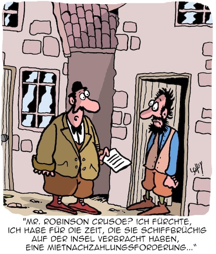 Cartoon: Forderung (medium) by Karsten Schley tagged literatur,filme,unterhaltung,robinson,crusoe,mieten,inseln,schiffbruch,nachzahlungen,geld,gesellschaft,literatur,filme,unterhaltung,robinson,crusoe,mieten,inseln,schiffbruch,nachzahlungen,geld,gesellschaft