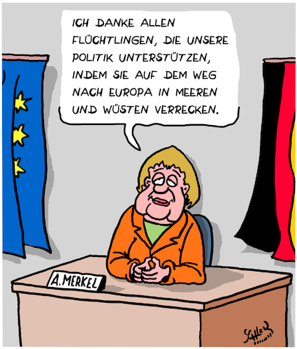 Cartoon: Frau Merkel sagt DANKE! (medium) by Karsten Schley tagged bundesregierung,merkel,eu,flüchtlinge,tod,libyen,folter,flucht,mittelmeer,abschottung,faschismus,nationalismus,gesellschaft,bundesregierung,merkel,eu,flüchtlinge,tod,libyen,folter,flucht,mittelmeer,abschottung,faschismus,nationalismus,gesellschaft