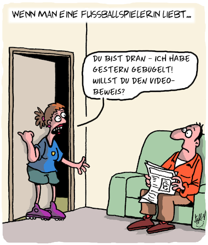 Cartoon: Frauenfußball (medium) by Karsten Schley tagged frauenfußball,sport,weltmeisterschaften,frankreich,liebe,beziehungen,männer,frauen,technik,videobeweis,frauenfußball,sport,weltmeisterschaften,frankreich,liebe,beziehungen,männer,frauen,technik,videobeweis