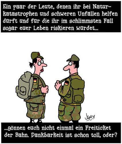 Cartoon: Freie Fahrt! (medium) by Karsten Schley tagged bundeswehr,rettung,fahrscheine,bahn,verteidigung,uniform,neid,deutschland,politik,gesellschaft,bundeswehr,rettung,fahrscheine,bahn,verteidigung,uniform,neid,deutschland,politik,gesellschaft