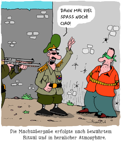 Cartoon: Ganz herzlich (medium) by Karsten Schley tagged putsch,politik,machtübernahme,militär,revolution,atmospäre,exekutionen,todesstrafe,gesellschaft,putsch,politik,machtübernahme,militär,revolution,atmospäre,exekutionen,todesstrafe,gesellschaft