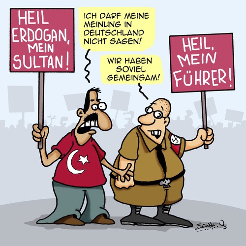 Cartoon: Gemeinsamkeiten (medium) by Karsten Schley tagged demokratie,türkei,deutschland,erdogan,akp,neonazis,demonstrationen,faschismus,diktaturen,freiheit,demokratie,türkei,deutschland,erdogan,akp,neonazis,demonstrationen,faschismus,diktaturen,freiheit