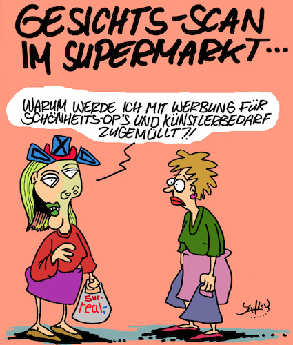 Cartoon: Gesichtserkennung (medium) by Karsten Schley tagged datenschutz,verbraucher,supermärkte,gesichtserkennung,einzelhandel,werbung,marketing,umsatz,wirtschaft,technik,datenschutz,verbraucher,supermärkte,gesichtserkennung,einzelhandel,werbung,marketing,umsatz,wirtschaft,technik