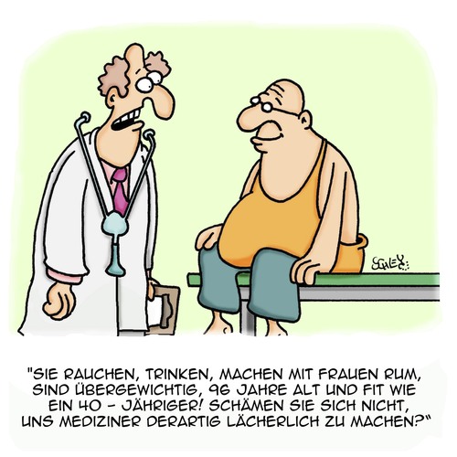 Cartoon: Gesund!! (medium) by Karsten Schley tagged rauchen,trinken,drogen,alkohol,gesundheit,alter,ärzte,patienten,rauchen,trinken,drogen,alkohol,sex,gesundheit,alter,ärzte,patienten