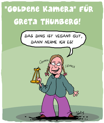 Cartoon: Goldene Kamera für Greta (medium) by Karsten Schley tagged tv,auszeichnungen,goldene,kamera,greta,thunberg,umweltschutz,klimawandel,unterhaltung,politik,schulstreik,gesellschaft,deutschland,tv,auszeichnungen,goldene,kamera,greta,thunberg,umweltschutz,klimawandel,unterhaltung,politik,schulstreik,gesellschaft,deutschland