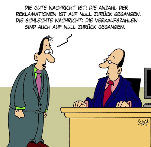 Cartoon: Gute Nachrichten (medium) by Karsten Schley tagged verkäufer,verkaufen,umsatz,verkaufszahlen,profit,wirtschaft,business,reklamationen,kundenservice,geld,manager,kunden,absatz,service,verkäufer,verkaufen,umsatz,verkaufszahlen,profit,wirtschaft,business,reklamationen,kundenservice,geld,manager,kunden,absatz,service