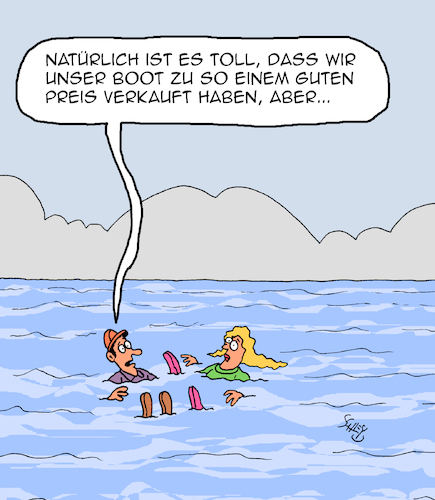 Cartoon: Guter Preis (medium) by Karsten Schley tagged verkäufe,geld,preise,boote,freizeit,handel,business,wassersport,urlaub,natur,gesellschaft,verkäufe,geld,preise,boote,freizeit,handel,business,wassersport,urlaub,natur,gesellschaft