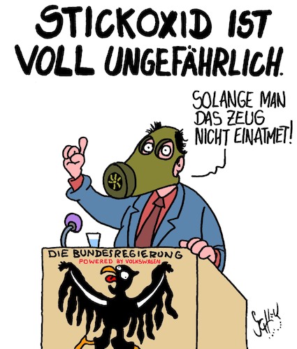 Cartoon: Harmlos (medium) by Karsten Schley tagged abgasskandal,vertuschung,vw,politik,bundesregierung,deutschland,europa,umwelt,verbraucherschutz,wirtschaft,kapitalismus,geld,business,technik,abgasskandal,vertuschung,vw,politik,bundesregierung,deutschland,europa,umwelt,verbraucherschutz,wirtschaft,kapitalismus,geld,business,technik