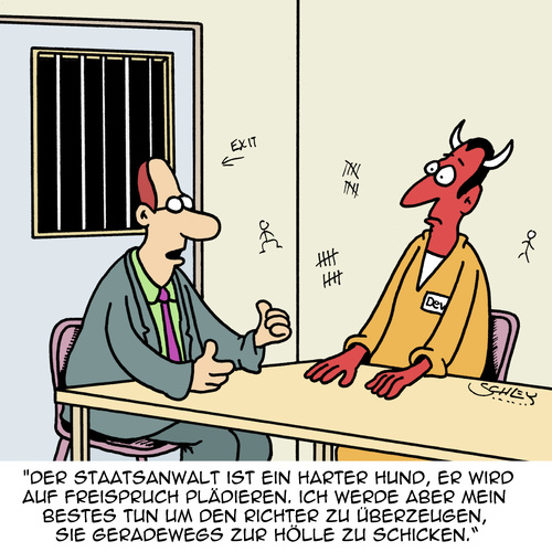 Cartoon: Harter Hund (medium) by Karsten Schley tagged anwälte,strafverteidiger,justiz,gerichte,gerichtsverhandlungen,recht,strafe,religion,teufel,anwälte,strafverteidiger,justiz,gerichte,gerichtsverhandlungen,recht,strafe,religion,teufel