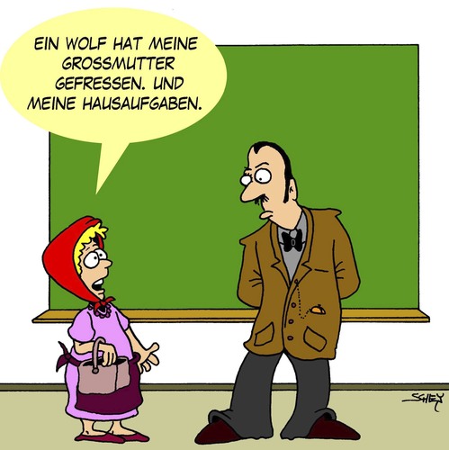 Cartoon: Hausaufgaben (medium) by Karsten Schley tagged märchen,schule,hausaufgaben,bildung,kinder,schüler,lehrer,rotkäppchen,familie,tiere,wölfe,märchen,schule,hausaufgaben,bildung,kinder,schüler,lehrer,rotkäppchen,familie,tiere,wölfe