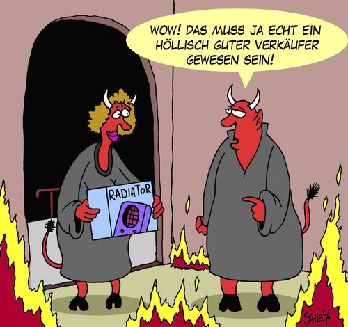 Cartoon: Höllisch (medium) by Karsten Schley tagged verkaufen,verkäufer,wirtschaft,umsatz,business,männer,frauen,ehe,liebe,verkaufen,verkäufer,wirtschaft,business,umsatz,männer,frauen,ehe,liebe