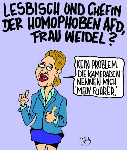 Cartoon: Homophob (medium) by Karsten Schley tagged afd,politik,homophobie,homosexualität,rechtsextremismus,populismus,alice,weidel,gesellschaft,deutschland,wahlen,opportunismus,demokratie,afd,politik,homophobie,homosexualität,rechtsextremismus,populismus,alice,weidel,gesellschaft,deutschland,wahlen,opportunismus,demokratie