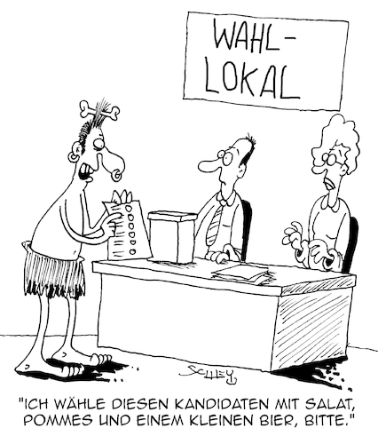 Cartoon: Im Wahllokal (medium) by Karsten Schley tagged demokratie,wahlen,kandidaten,politik,ernährung,gesellschaft,demokratie,wahlen,kandidaten,politik,ernährung,gesellschaft