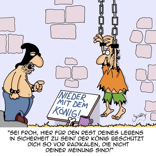 Cartoon: In Sicherheit (medium) by Karsten Schley tagged politik,demokratie,freiheit,meinungsfreiheit,diktaturen,faschismus,monarchie,gesellschaft,politik,demokratie,freiheit,meinungsfreiheit,diktaturen,faschismus,monarchie,gesellschaft