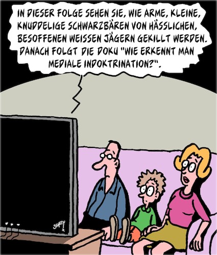 Cartoon: Indoktrination (medium) by Karsten Schley tagged medien,indoktrination,journalismus,manipulation,tv,staatsfernsehen,politik,gesellschaft,medien,indoktrination,journalismus,manipulation,tv,staatsfernsehen,politik,gesellschaft