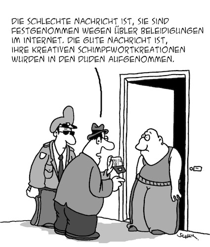 Cartoon: Internet-Beleidigungen (medium) by Karsten Schley tagged internet,beschimpfungen,beleidigungen,facebook,technik,computer,straftaten,gesetze,justiz,polizei,gesellschaft,internet,beschimpfungen,beleidigungen,facebook,technik,computer,straftaten,gesetze,justiz,polizei,gesellschaft