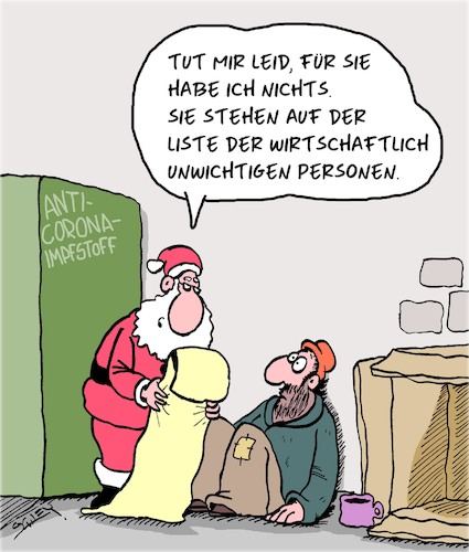 Cartoon: Irrelevant (medium) by Karsten Schley tagged weihnachten,obdachlosigkeit,corona,impfstoff,wirtschaft,geld,einkommen,gesellschaft,politik,weihnachten,obdachlosigkeit,corona,impfstoff,wirtschaft,geld,einkommen,gesellschaft,politik