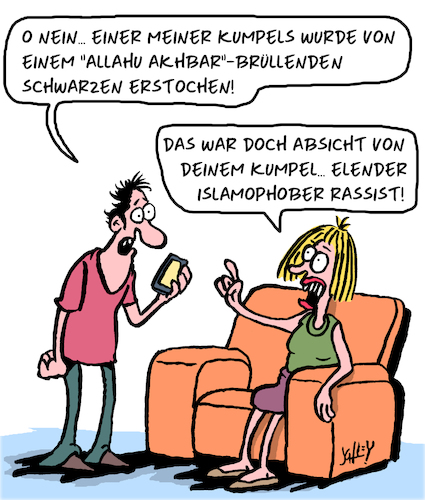 Cartoon: Islamophober Rassist (medium) by Karsten Schley tagged moslems,verbrechen,amokläufer,messermörder,psychos,einwanderer,sicherheit,politik,gesellschaft,deutschland,moslems,verbrechen,amokläufer,messermörder,psychos,einwanderer,sicherheit,politik,gesellschaft,deutschland