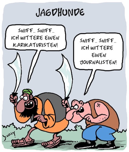 Cartoon: Jagdhunde (medium) by Karsten Schley tagged journalismus,medien,karikaturen,terrorismus,religion,extremismus,politik,gesellschaft,deutschland,europa,journalismus,medien,karikaturen,terrorismus,religion,extremismus,politik,gesellschaft,deutschland,europa