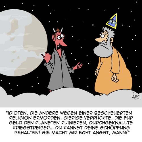 Cartoon: Kannste behalten! (medium) by Karsten Schley tagged schöpfung,religion,glaube,gott,teufel,leben,tod,himmel,krieg,konflikte,politik,geld,wirtschaft,schöpfung,religion,glaube,gott,teufel,leben,tod,himmel,krieg,konflikte,politik,geld,wirtschaft