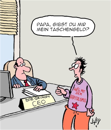 Cartoon: Kapitalismus (medium) by Karsten Schley tagged kapitalismus,geld,konzerne,wirtschaft,business,eltern,kinder,gesellschaft,kapitalismus,geld,konzerne,wirtschaft,business,eltern,kinder,gesellschaft