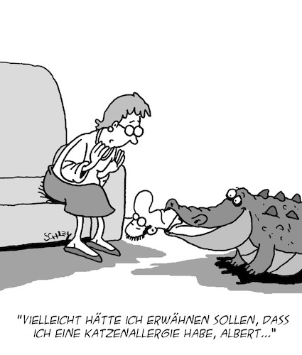 Cartoon: Katzenallergie (medium) by Karsten Schley tagged männer,frauen,liebe,beziehungen,haustiere,familie,katzen,krankheiten,allergien,katzenallergie,krokodile,gesellschaft,männer,frauen,liebe,beziehungen,haustiere,familie,katzen,krankheiten,allergien,katzenallergie,krokodile,gesellschaft