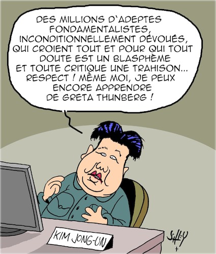 Cartoon: Kim Jong-Un a du Respect (medium) by Karsten Schley tagged coree,du,nord,greta,kim,jong,un,religion,fundamentalisme,blaspheme,respect,environnement,politique,societe,climat,coree,du,nord,greta,kim,jong,un,religion,fundamentalisme,blaspheme,respect,environnement,politique,societe,climat