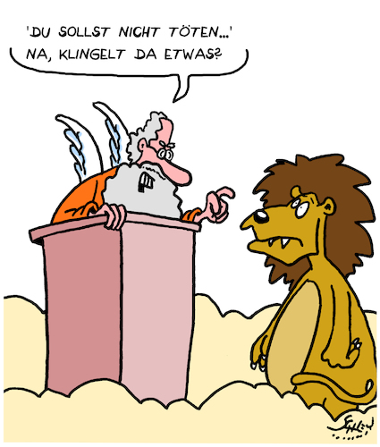 Cartoon: Klingelt was? (medium) by Karsten Schley tagged religion,10,gebote,tod,leben,paradies,himmel,natur,raubtiere,petrus,jagd,religion,10,gebote,tod,leben,paradies,himmel,natur,raubtiere,petrus,jagd