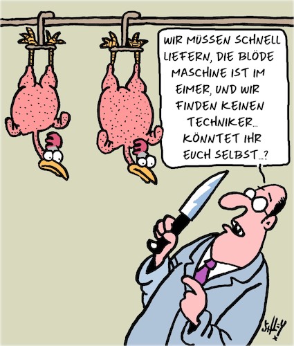 Cartoon: Könntet ihr bitte... (medium) by Karsten Schley tagged tiere,ernährung,fabriken,tierproduktion,business,technik,wirtschaft,gesellschaft,tiere,ernährung,fabriken,tierproduktion,business,technik,wirtschaft,gesellschaft