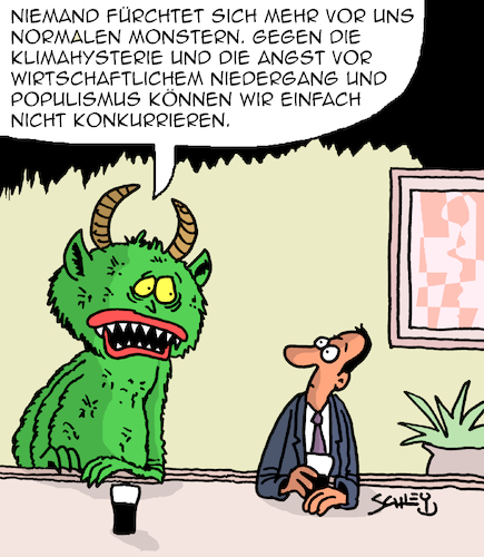 Cartoon: Konkurrenz (medium) by Karsten Schley tagged klima,populismus,rezession,wirtschaft,politik,angst,monster,medien,gesellschaft,klima,populismus,rezession,wirtschaft,politik,angst,monster,medien,gesellschaft