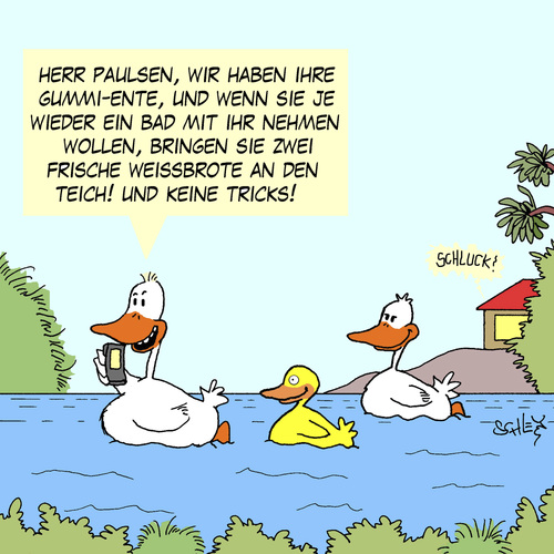 Cartoon: Kriminelle Enten! (medium) by Karsten Schley tagged kriminalität,verbrechen,entführung,kidnapping,erpressung,lösegeld,tiere,enten,polizei,gesellschaft,kriminalität,verbrechen,entführung,kidnapping,erpressung,lösegeld,tiere,enten,polizei,gesellschaft