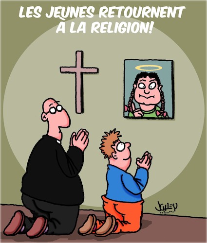 Cartoon: La jeunesse et la religion (medium) by Karsten Schley tagged jeunesse,religion,greta,thunberg,environnement,medias,politique,la,jeunesse,religion,greta,thunberg,environnement,medias,politique