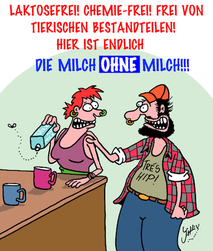 Cartoon: Laktose (medium) by Karsten Schley tagged laktose,milch,ernährung,hipsters,modetrends,zusatzstoffe,tierprodukte,veganer,vegetarier,gesellschaft,laktose,milch,ernährung,hipsters,modetrends,zusatzstoffe,tierprodukte,veganer,vegetarier,gesellschaft