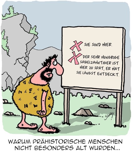 Cartoon: Lebenserwartung (medium) by Karsten Schley tagged lebenserwartung,biologie,evolution,prähistorisches,menschheit,gesellschaft,umwelt,tiere,lebenserwartung,biologie,evolution,prähistorisches,menschheit,gesellschaft,umwelt,tiere