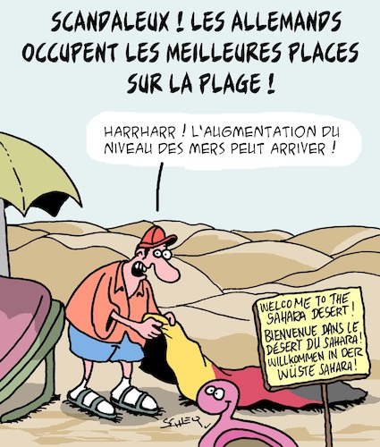 Cartoon: Les Allemands arrivent ! (medium) by Karsten Schley tagged tourisme,climat,voyages,politique,environnement,niveau,de,la,mer,societe,medias,tourisme,climat,voyages,politique,environnement,niveau,de,la,mer,societe,medias