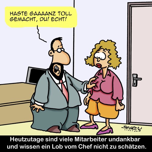 Cartoon: Lob (medium) by Karsten Schley tagged arbeitgeber,arbeitnehmer,mitarbeiterführung,management,wertschätzung,belästigung,dankbarkeit,männer,frauen,gesellschaft,lob,arbeitgeber,arbeitnehmer,mitarbeiterführung,management,wertschätzung,belästigung,dankbarkeit,männer,frauen,gesellschaft,lob