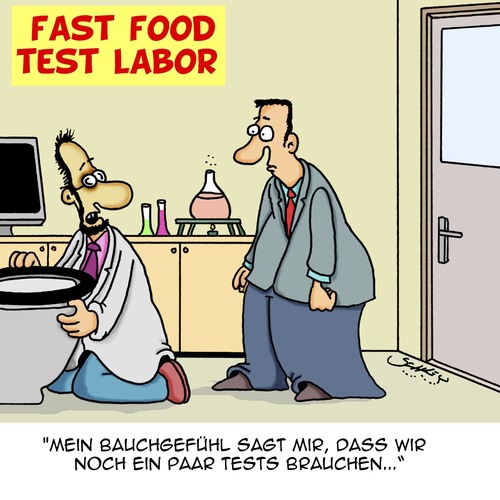 Cartoon: Mehr Tests (medium) by Karsten Schley tagged fastfood,gastronomie,wissenschaft,chemie,labore,lebensmittelchemiker,business,ernährung,gesundheit,wirtschaft,industrie,fastfood,gastronomie,wissenschaft,chemie,labore,lebensmittelchemiker,business,ernährung,gesundheit,wirtschaft,industrie