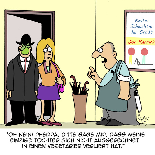 Cartoon: MEINE Tochter??!! (medium) by Karsten Schley tagged vegetarier,ernährung,fleisch,kunst,magritte,schlachter,tiere,familie,väter,töchter,liebe,beziehungen,vegetarier,ernährung,fleisch,kunst,magritte,schlachter,tiere,familie,väter,töchter,liebe,beziehungen