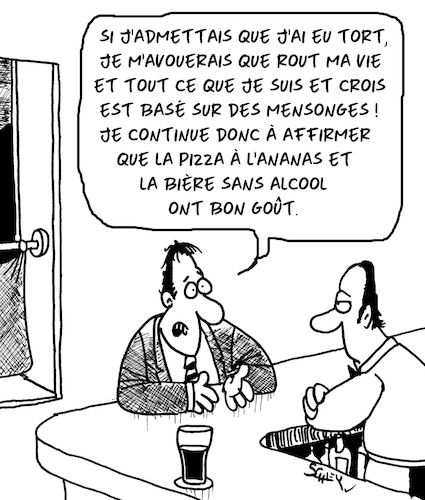 Cartoon: Mesonges (medium) by Karsten Schley tagged mesonges,pizza,biere,vie,bars,philosophie,foi,personnalite,mesonges,pizza,biere,vie,bars,philosophie,foi,personnalite