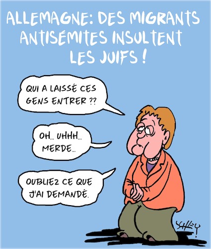 Cartoon: Migrants Antisemites (medium) by Karsten Schley tagged migrants,antisemitisme,allemagne,merkel,societe,israel,palestine,politique,migrants,antisemitisme,allemagne,merkel,societe,israel,palestine,politique
