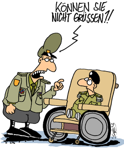 Cartoon: Militärischer Gruss (medium) by Karsten Schley tagged militär,soldaten,vorschriften,veteranen,kriegsverletzungen,opfer,staat,regierung,politik,krieg,demokratie,gesellschaft,militär,soldaten,vorschriften,veteranen,kriegsverletzungen,opfer,staat,regierung,politik,krieg,demokratie,gesellschaft