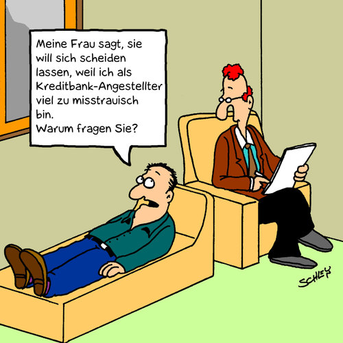 Cartoon: Misstrauisch (medium) by Karsten Schley tagged ehe,liebe,männer,frauen,gesellschaft,finanzen,wirtschaft,ehe,liebe,männer,frauen,gesellschaft,finanzen,wirtschaft,job,arbeit,beruf,kredit,misstrauen,vertrauen