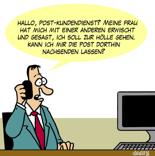 Cartoon: Nachsenden (medium) by Karsten Schley tagged post,nachsendeantrag,ehe,liebe,scheidung,betrug,fremdgehen,beziehungen,hölle,männer,frauen,post,nachsendeantrag,ehe,liebe,scheidung,betrug,fremdgehen,beziehungen