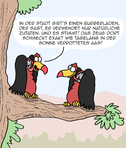 Cartoon: Natürlich und gesund (medium) by Karsten Schley tagged natur,ernährung,naturkost,gesundheit,fastfood,tiere,geier,mehrwert,gastronomie,gesellschaft,natur,ernährung,naturkost,gesundheit,fastfood,tiere,geier,mehrwert,gastronomie,gesellschaft